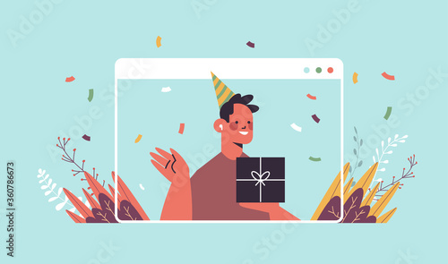 man in funny festive hat celebrating online birthday party happy guy in computer window holding gift box celebration self isolation quarantine concept portrait horizontal vector illustration