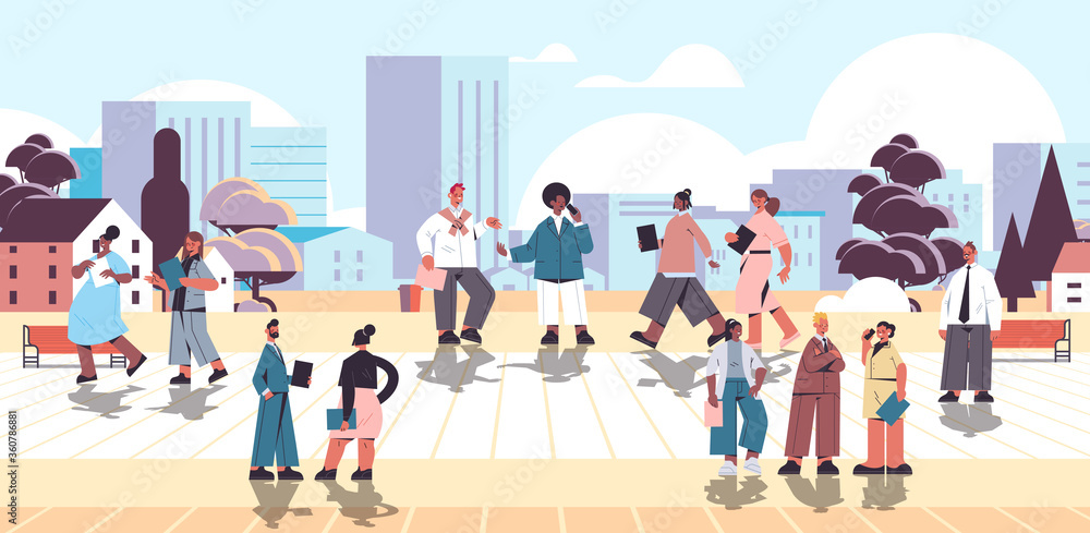 Fototapeta premium mix race businesspeople with folders walking outdoor business people office workers in casual clothes relaxing in urban park cityscape background full length horizontal vector illustration