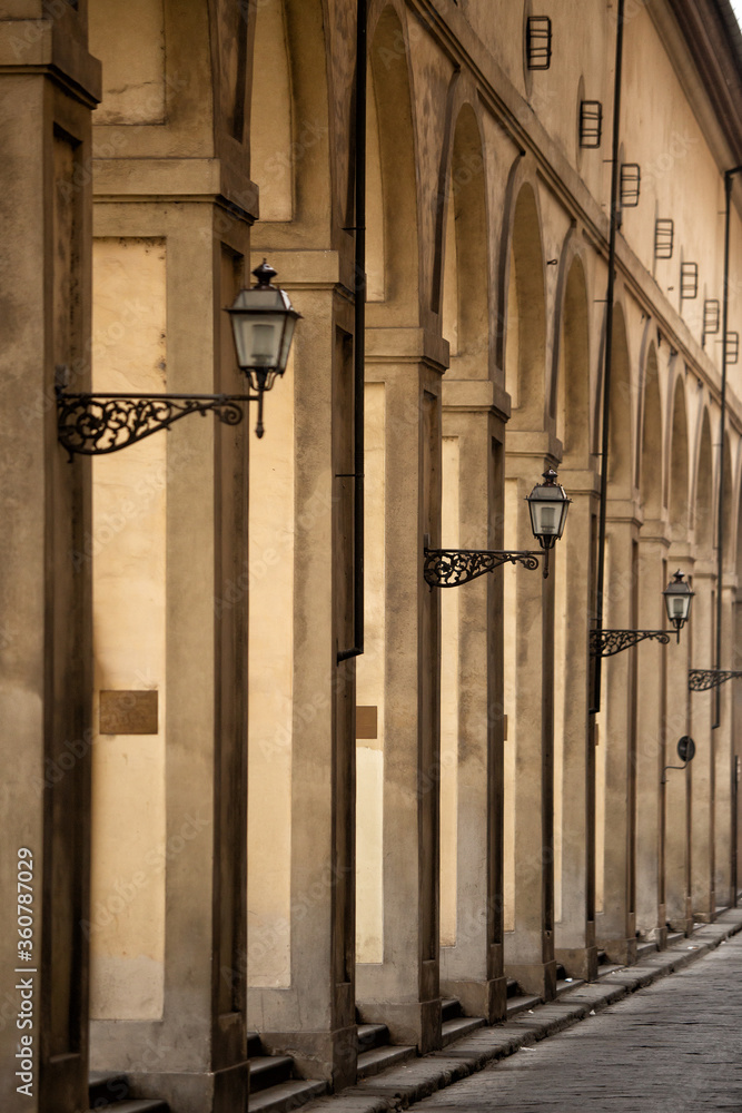 View of walkway below a section of tArches and columns that support a section of the Vasari Corridor Florencehe Vasari Corridor Florence View of walkway below a section of tArches and columns that support a section of the Vasari Corridor Florencehe Vasari Corridor Florence
