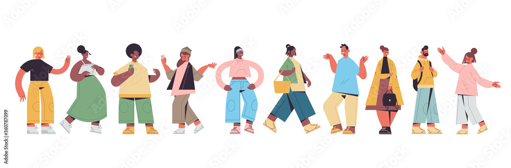 set cute people in casual trendy clothes mix race men women standing in different poses, male female cartoon characters collection full length isolated horizontal vector illustration