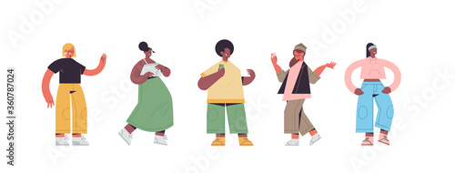 set cute people in casual trendy clothes mix race men women standing in different poses, male female cartoon characters collection full length isolated horizontal vector illustration