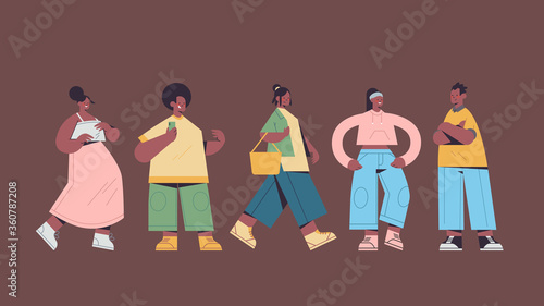 set cute people in casual trendy clothes african american men women standing in different poses male female cartoon characters collection full length horizontal vector illustration