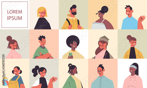 set men women avatars avatars happy people looking in camera male female cartoon characters portraits collection copy space vector illustration