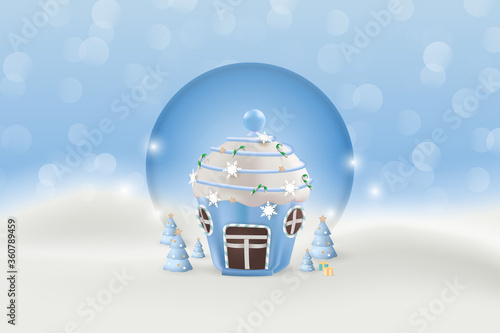 Merry Christmas and Happy New Year, greeting postcard with candy house in winter forest