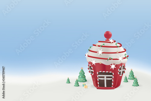 Merry Christmas and Happy New Year, greeting postcard with candy house in winter forest