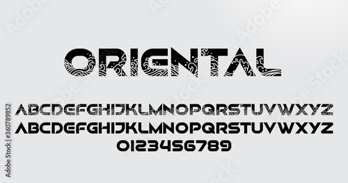 Abstract oriental alphabet font and number. Orient ocean waves pattern stylized for logotype and typography. Vector illustration. photo