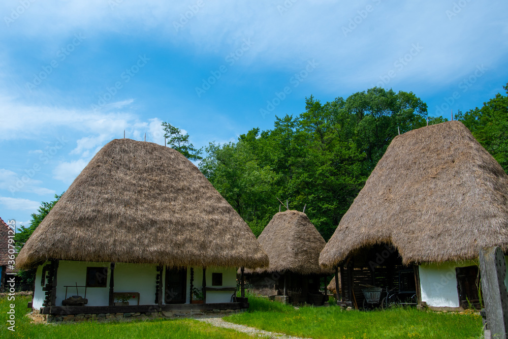 traditional clay and brick house with straw and wood roof