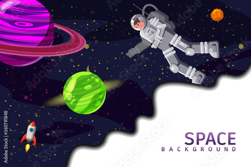 Space card background with spaceman, rocket, sun, planets, stars. Austronaut panoramic space template