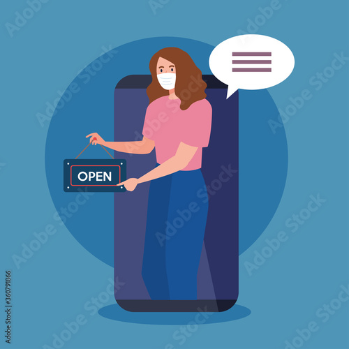 open again after quarantine, woman with label of reopening of shop in smartphone vector illustration design
