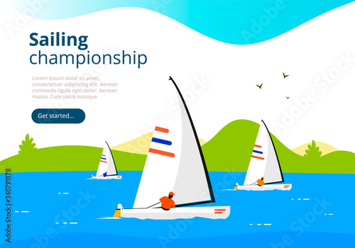 Sea sailing championship. Yacht club sport landing page. Vector banner design with sailboats and landscape.