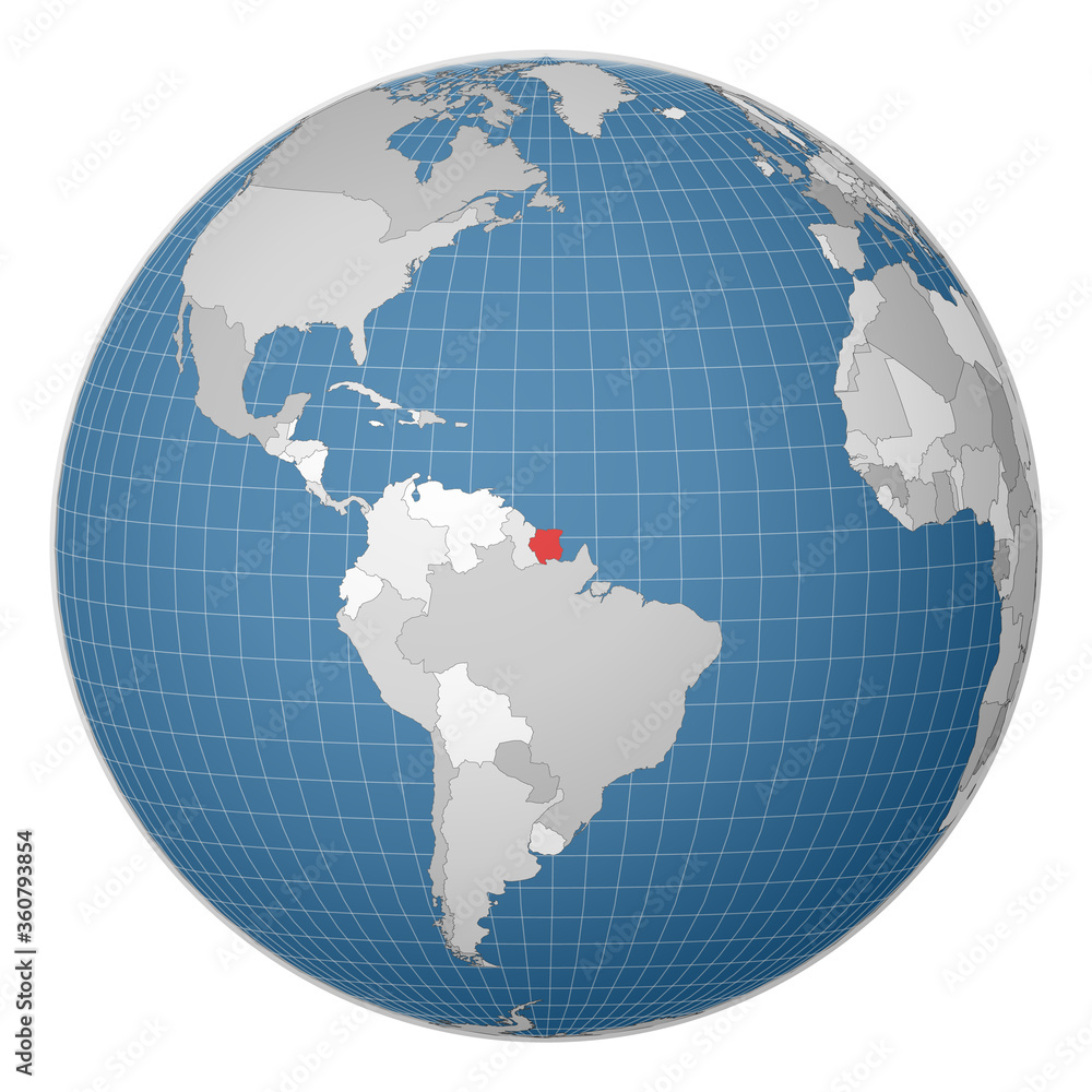 Globe centered to Suriname. Country highlighted with green color on world map. Satellite world projection. Cool vector illustration. Globe centered to Suriname. Country highlighted with green color on world map. Satellite world projection. Cool vector illustration.