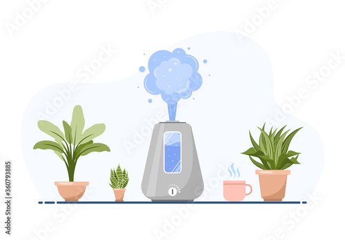 Humidifier with house plants. Equipment for home or office. Ultrasonic air purifier in the interior. Cleaning and humidifying device. Modern vector illustration in flat cartoon style.