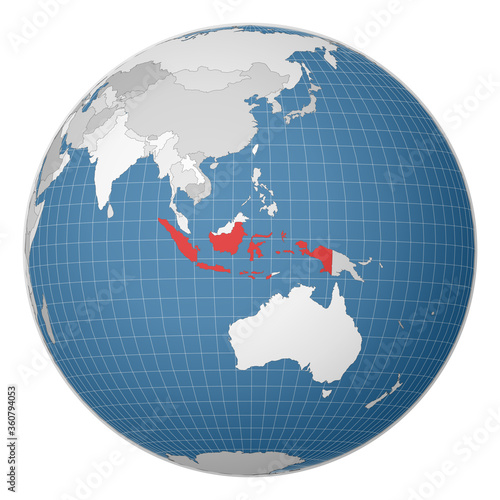 Globe centered to Indonesia. Country highlighted with green color on world map. Satellite world projection. Artistic vector illustration.