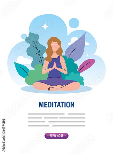 banner of woman meditating, concept for yoga, meditation, relax, healthy lifestyle in landscape vector illustration design