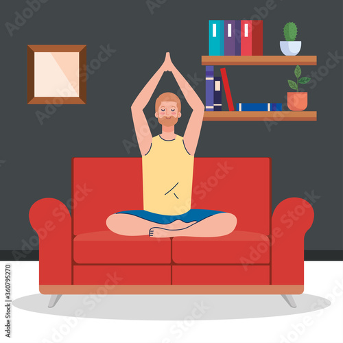 stay home, be safe, man meditating in the living room, sitting in couch, during coronavirus covid 19, stay at home quarantine, be careful vector illustration design