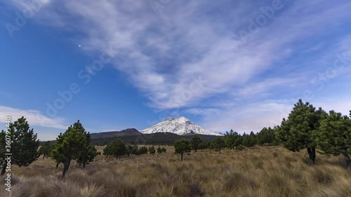 Popocatepetl active volcano with eruption and fumarole during a day to night time lapse photo