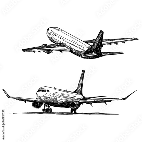 Drawing of the airplane landing at the airport 