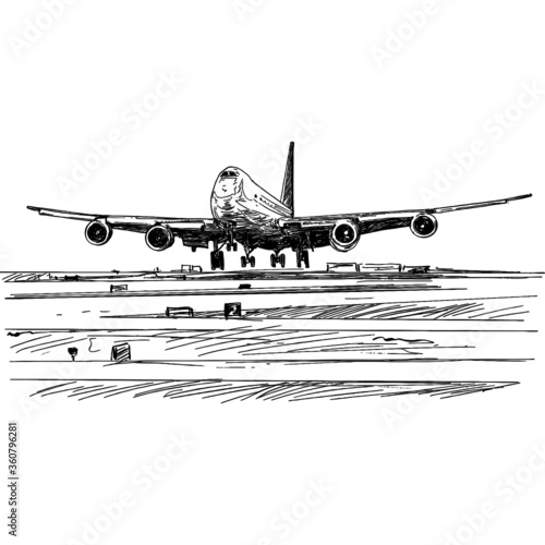 Drawing of the airplane landing at the airport 