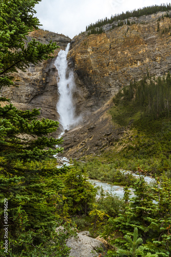 The Rocky Mountains. Majestic Takakkaw Falls waterfall on rock face and Takakkaw stream   in Yoho National Park  British Columbia  Canada. 
