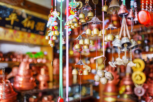 Traditional oriental Chinese wind chimes at souvenir shop