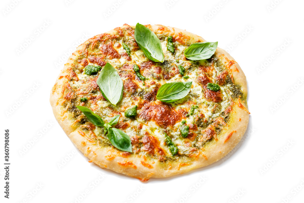 Fresh baked homemade pizza or pie with basil pesto sauce,mozzarella cheese and fresh basil leaves. isolated on white background