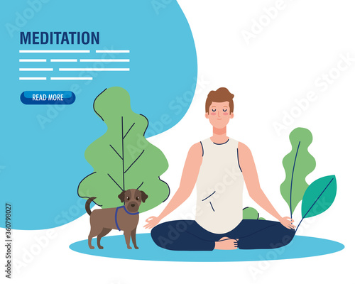 banner of man meditating, concept for yoga, meditation, relax, healthy lifestyle in landscape, with dog mascot vector illustration design