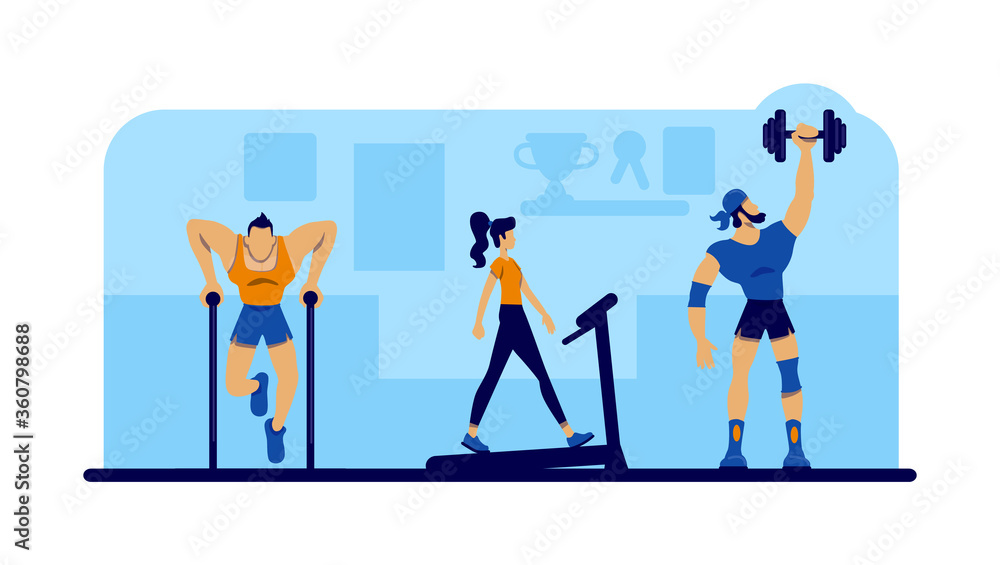 Gym workout with equipment flat concept vector illustration
