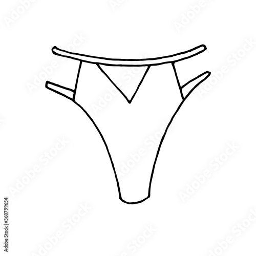 Hand drawn graceful panties with straps. Black and white vector illustration. Isolated on a white background.