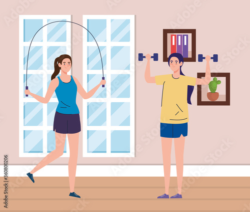 exercise at home, women lifting weights and jumping rope, using the house as a gym vector illustration design