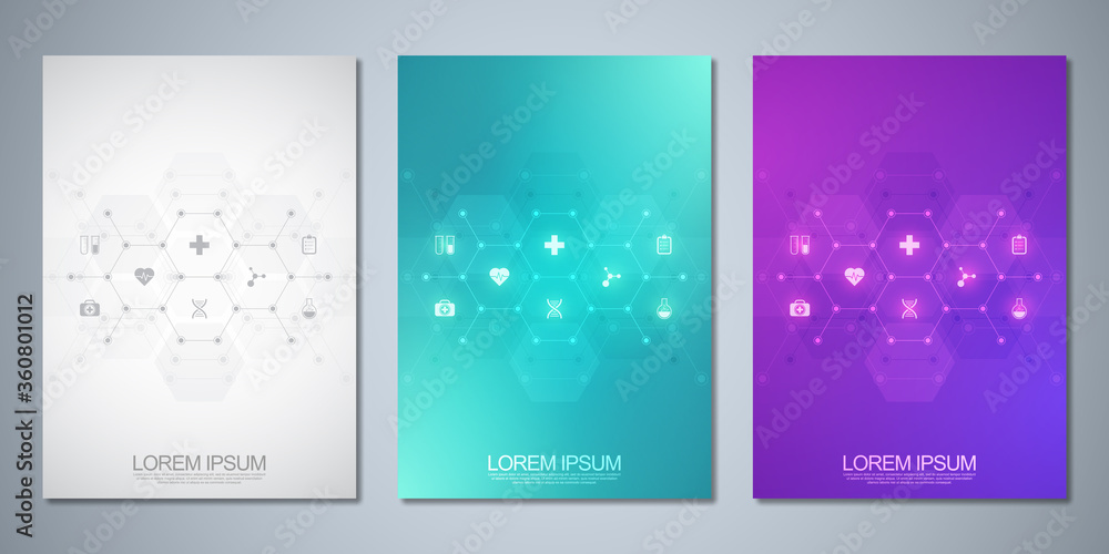 Template brochure or cover book, page layout, flyer design. Concept and idea for health care business, innovation medicine, pharmacy, technology. Medical background with flat icons and symbols.