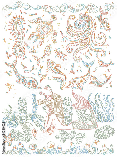 Vector contour thin line for batik paint. Mermaid writes a love letter with a quill pen on a scroll of paper. Colorful  doodle fish and sea animal sketch. Adults Coloring book page, Post card
