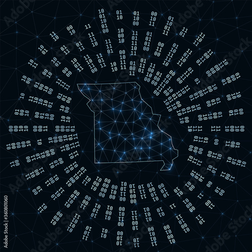 Missouri digital map. Binary rays radiating around glowing US state. Internet connections and data exchange design. Vector illustration.