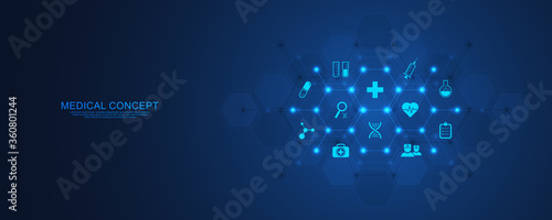 Healthcare and technology concept with flat icons and symbols. Template design for health care business, innovation medicine, science background, medical research. Vector illustration.