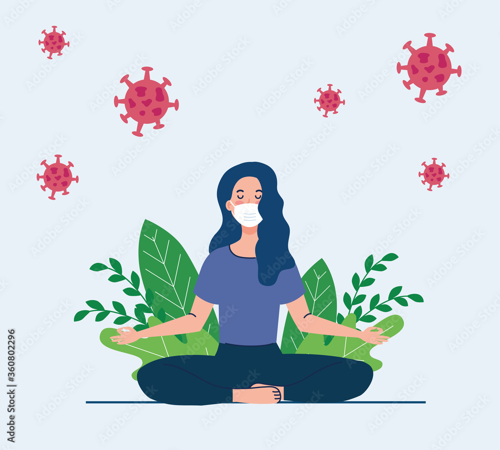 woman meditating wearing medical mask, concept for yoga, meditation, relax, healthy lifestyle in landscape, with cells covid 19 in the environment vector illustration design woman meditating wearing medical mask, concept for yoga, meditation, relax, healthy lifestyle in landscape, with cells covid 19 in the environment vector illustration design
