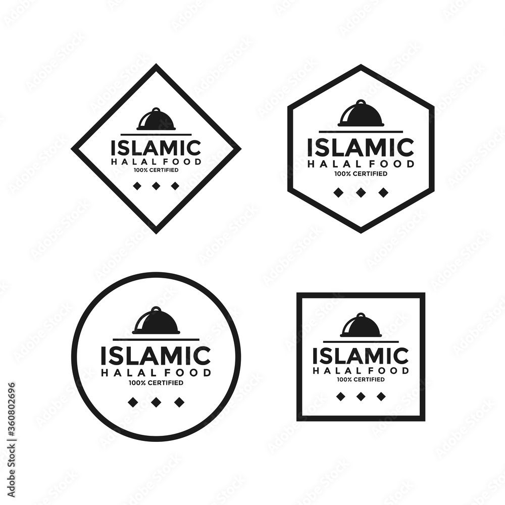 Set of halal food products labels, badges and logo design. Vector Halal sign certificate tag.
