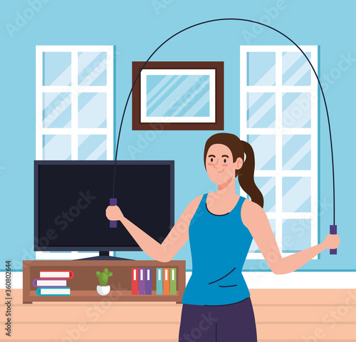 exercise at home, woman jumping rope, using the house as a gym vector illustration design