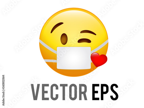 Yellow happy smiling kissing face emoji icon with mask and heart