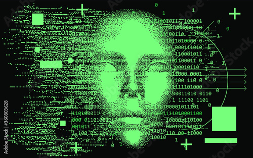 Abstract technology background with binary code and 3d face mask. Conceptual illustration of Artificial intelligence.