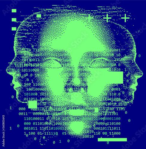 Abstract technology background with binary code and 3d face mask. Conceptual illustration of Artificial intelligence. photo