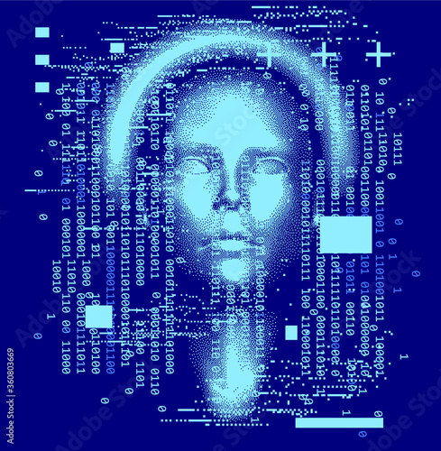 Abstract technology background with binary code and 3d face mask. Conceptual illustration of Artificial intelligence.