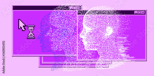 Abstract technology background with 3D face mask and user interface elements in pixel art style. Conceptual illustration of Artificial intelligence.