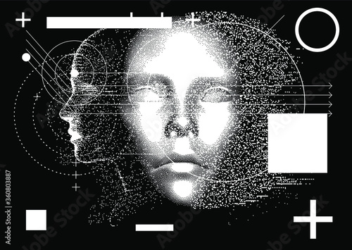 Silhouette of a human made in pixel art style. Conceptual image of AI (artificial intelligence), VR (virtual reality), Deep Learning  and Face recognition systems.
