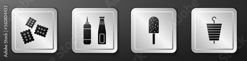 Set Cracker biscuit, Sauce bottle, Ice cream and Grilled shish kebab icon. Silver square button. Vector