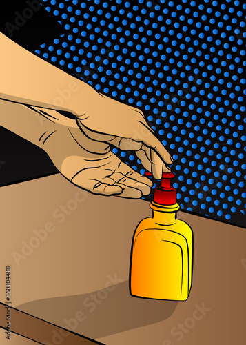 Man cleaning his hands with sanitizer gel. - Comic book style, cartoon man desinfecting his hands by washing it with antibacterial