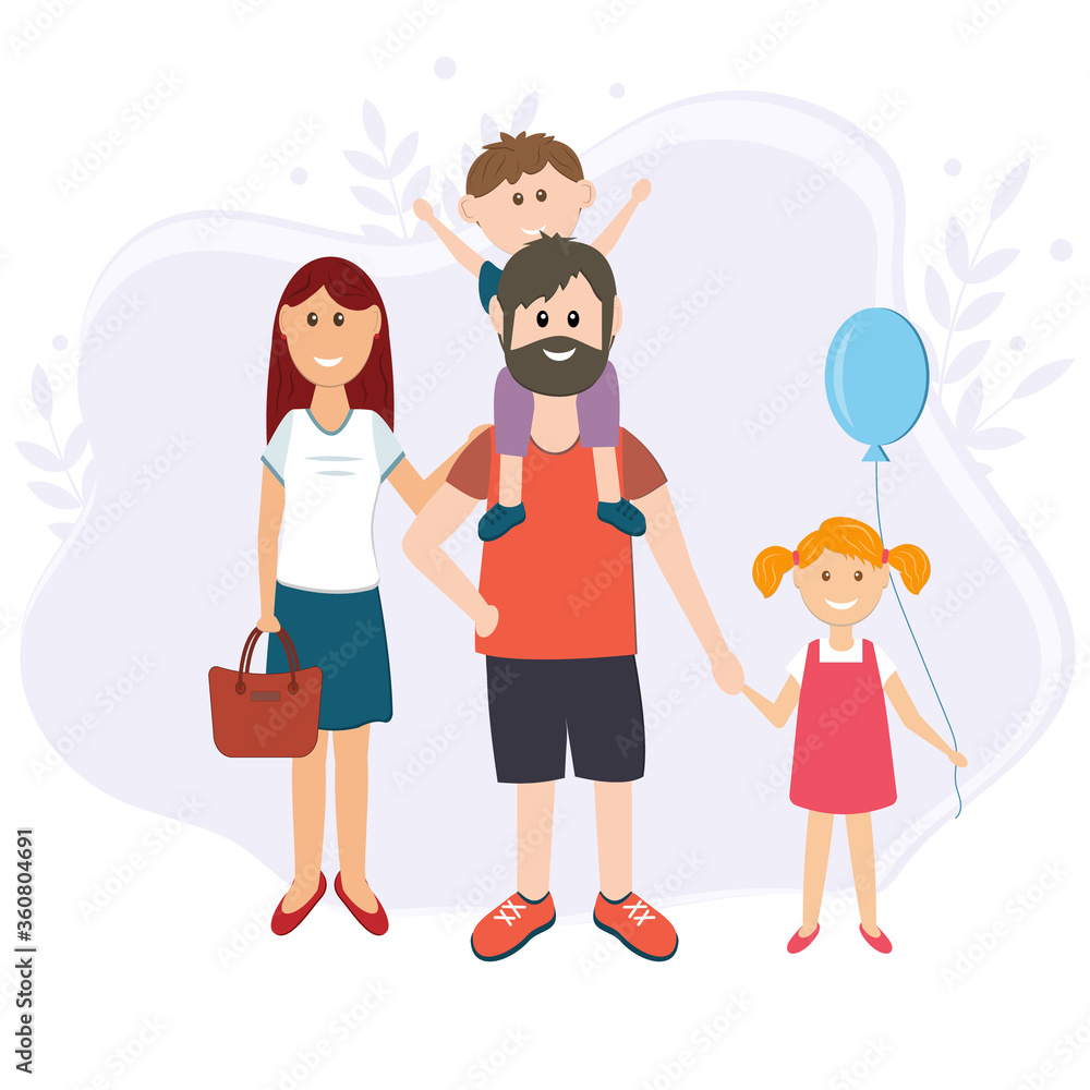 family of four, parents, boy and girl, color vector illustration in flat style, design, decoration, banner family of four, parents, boy and girl, color vector illustration in flat style, design, decoration, banner