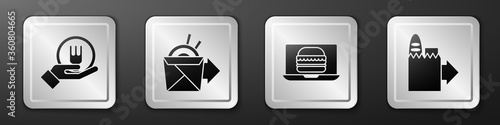 Set Online ordering and delivery, Online ordering noodles delivery, Online ordering burger delivery and Online ordering and delivery icon. Silver square button. Vector