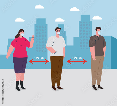 social distancing, keep distance in public society to people protect from covid 19, people wearing medical mask against coronavirus in cityscape vector illustration design