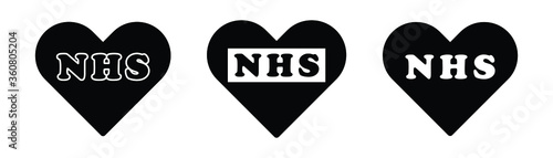 NHS Word Text Lettering in Heart Love Shape. United Kingdom UK National Health Service Healthcare. Black Icon Illustration Isolated on a White Background. EPS Vector 
