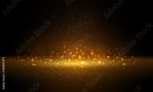 Luxury Gold glitter particles on black background. Golden glowing lights magic effects. Glow sparkles, vector illustration.