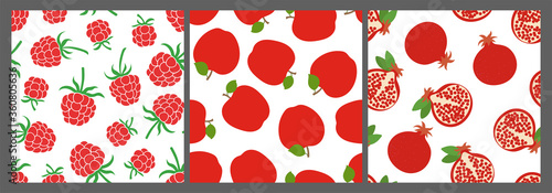 Berry and fruit seamless pattern set. Vector food fashion print. Red raspberry, apple and garnet. Design elements for textile or clothes. Hand drawn doodle repeating delicacies. Cute background